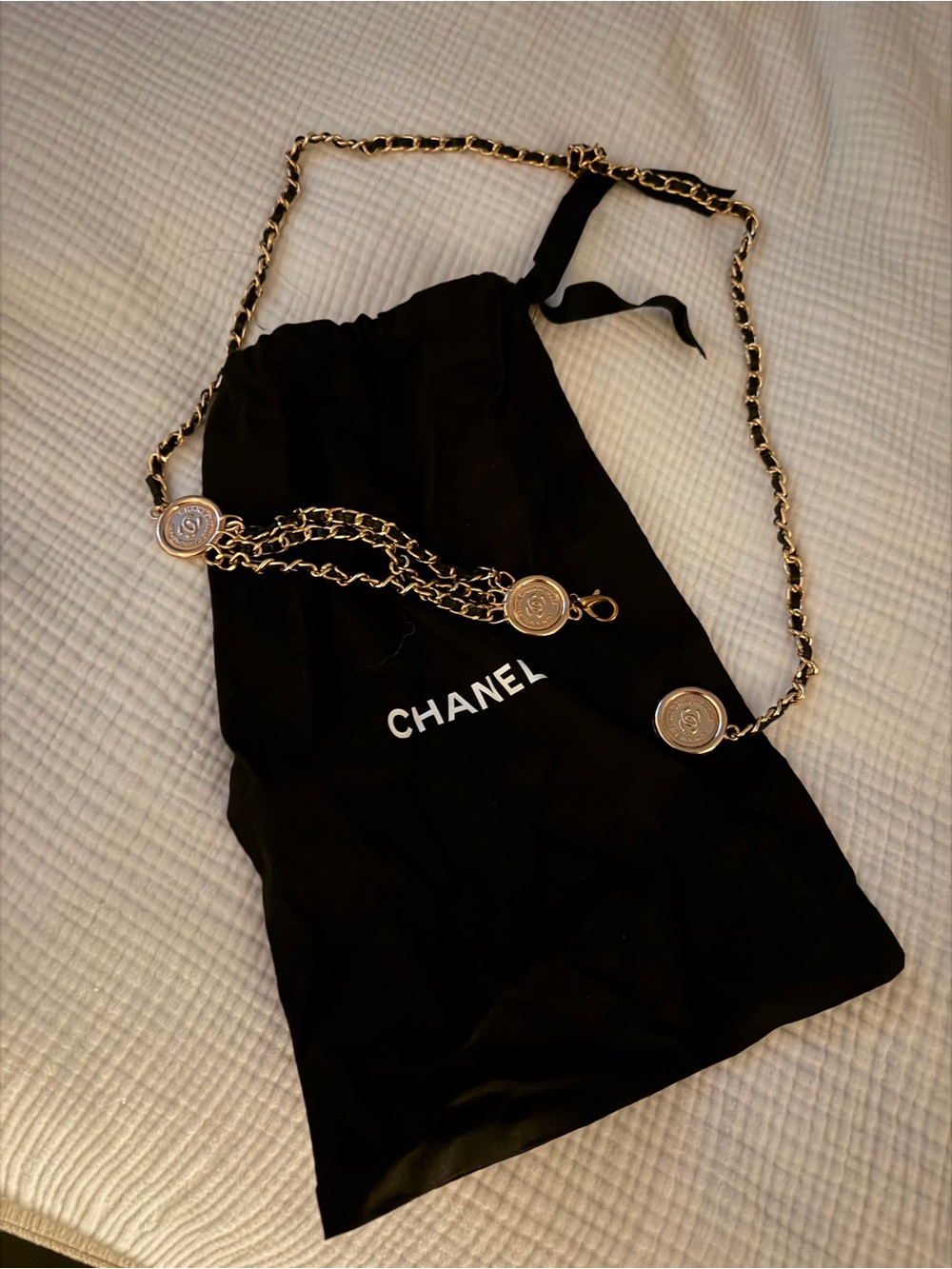CHANEL Gold and Black Chain Crossbody Strap with Medallion Accents